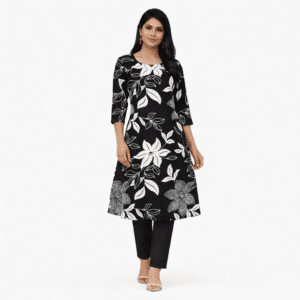 Women's Floral And Leaf Design Black Kurti & Pant Set