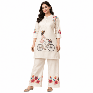 Women’s Cycle Graphic Design Cream Kurti & Palazzo Set