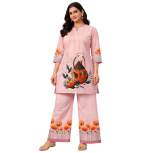 Women’s Tea Pot Graphic Design Pink Kurti & Palazzo Set