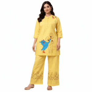Women's Bird Graphic Design Yellow Kurti & Palazzo Set