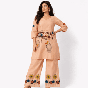 Women’s Birdcage Graphic Design Peach Kurti & Palazzo Set