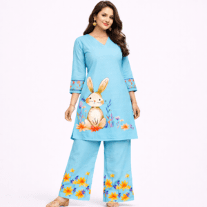 Women’s Rabbit Design Sky Blue Kurti & Palazzo Set
